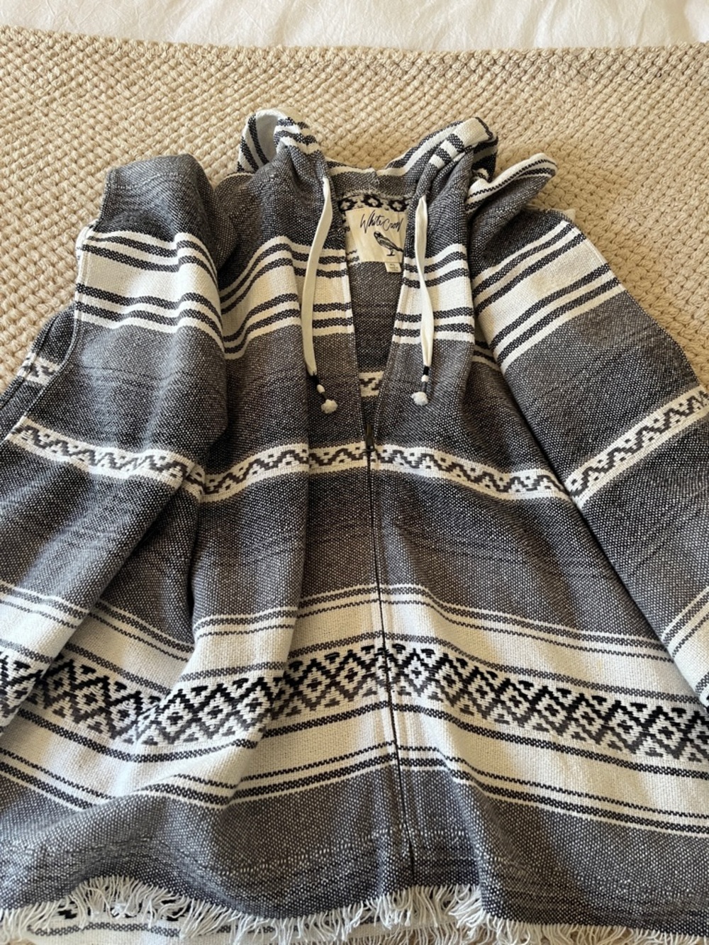 White Crow Striped Hooded Zip Sweater Ponch - Gray and Cream